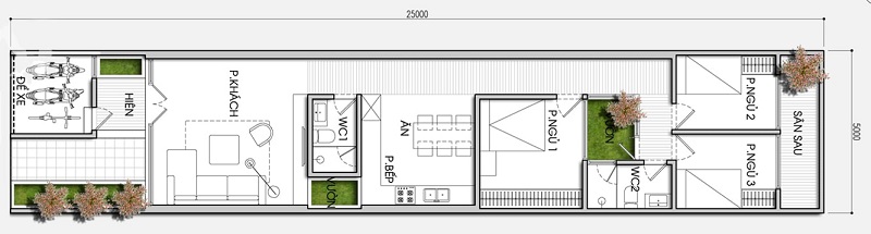 Bản vẽ mặt bằng mẫu nhà ống 5x20m 1 tầng 3 phòng ngủ mái thái