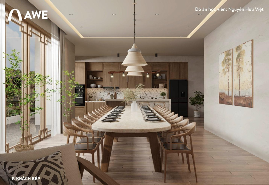 Không gian phòng khách và phòng bếp