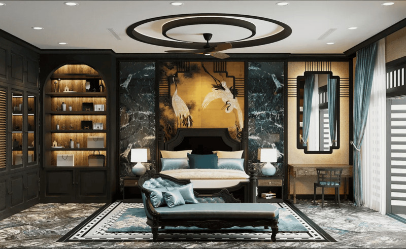 Mẫu phòng ngủ phong cách Đông Dương với gam màu trầm ấm