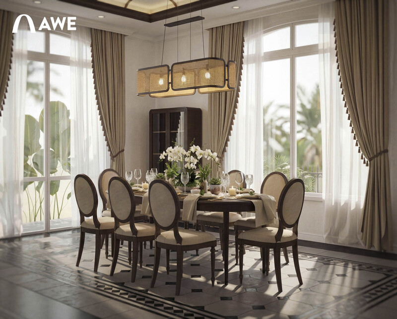 Thiết kế bàn ăn biệt thự đơn lập cho gia đình đông người