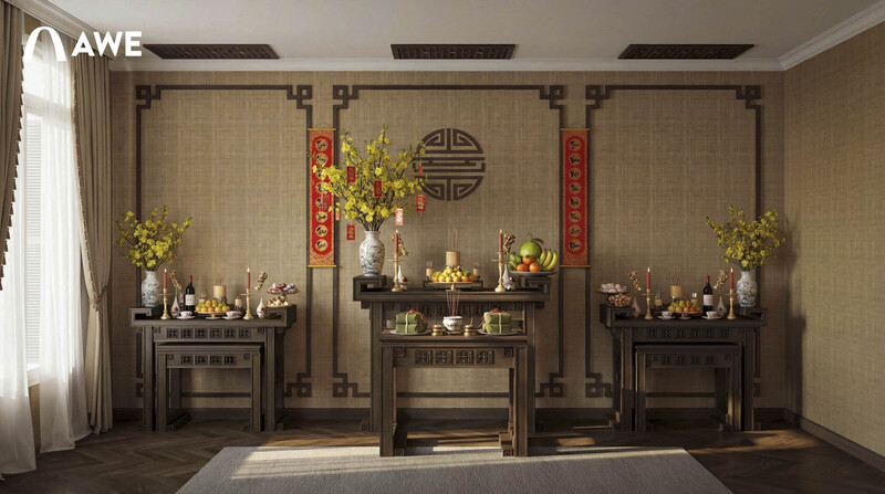 Thiết kế nội thất trong phòng thờ gia tiên, thể hiện sự thành kính